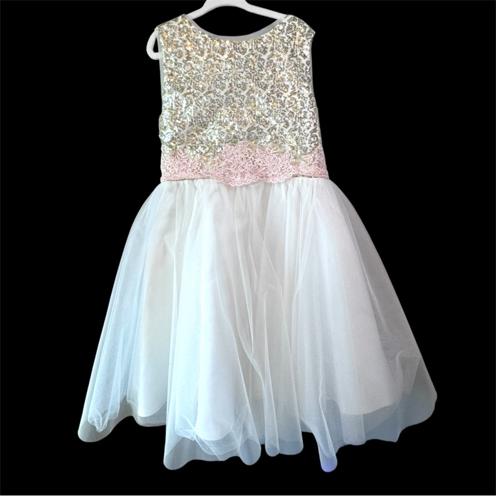 Flower Girl Dress Size 7 Pink Bow Sequin Tulle Princess Wedding Party Dress - Picture 2 of 10